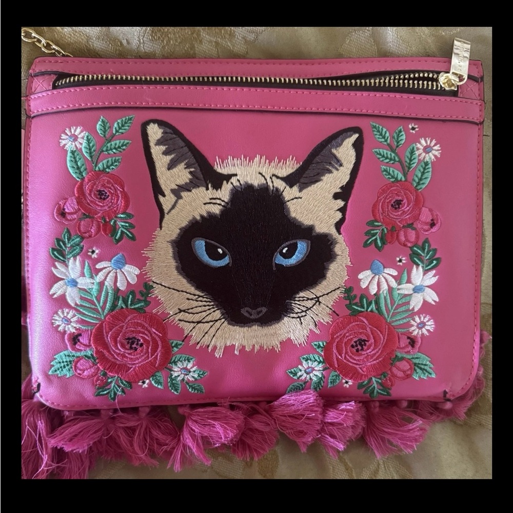 Skinny Dip London Pink Cat Embroidered bag with chain